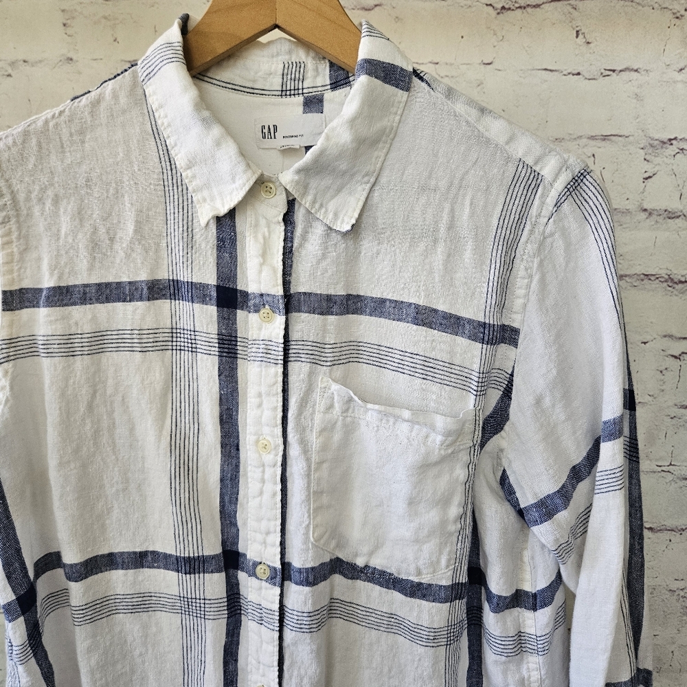 Gap Boyfriend Fit White Blue Plaid Linen Long Sleeve Button Up Shirt Medium - Picture 9 of 13